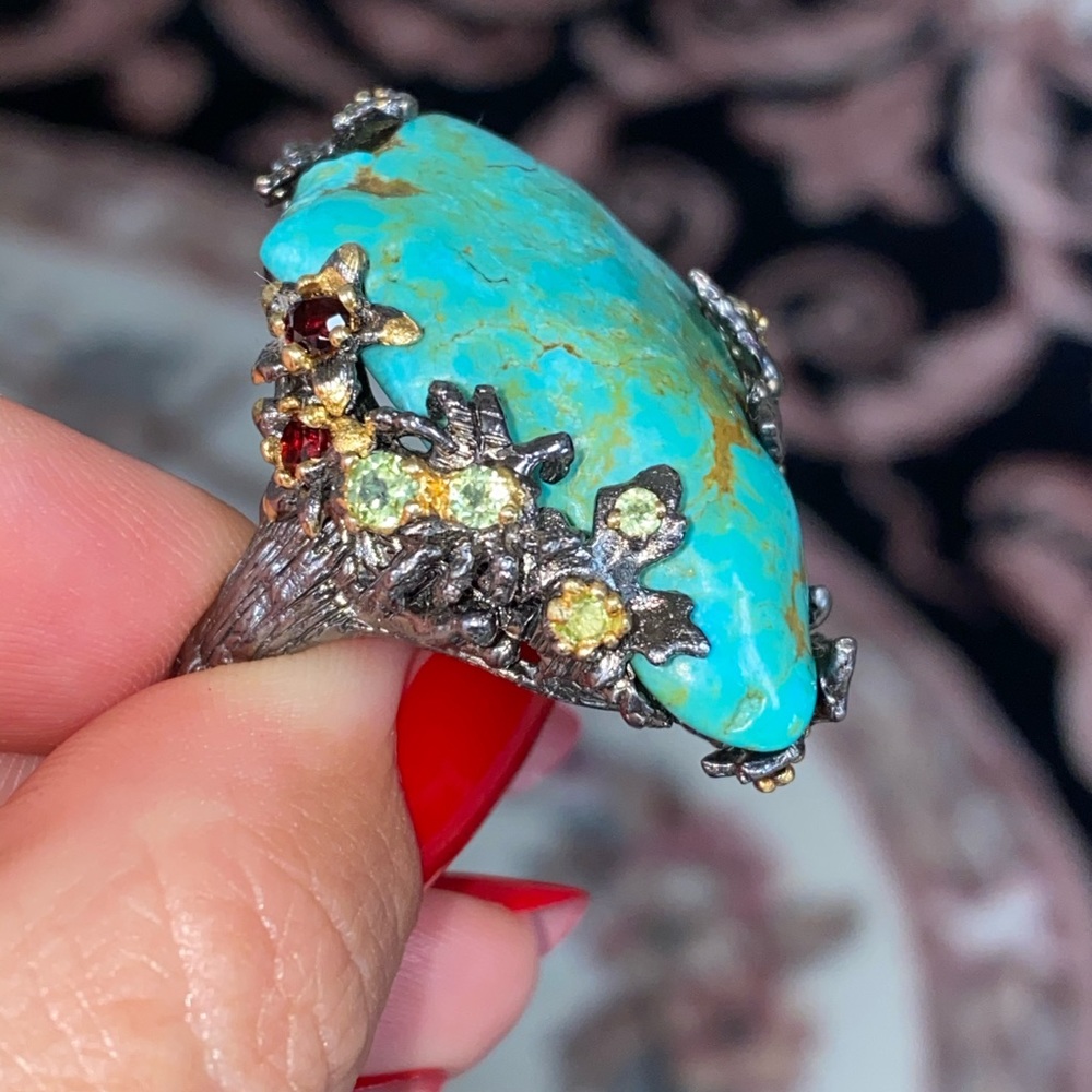 Gorgeous Genuine Turquoise Ring with Gemstones - Picture 10 of 17